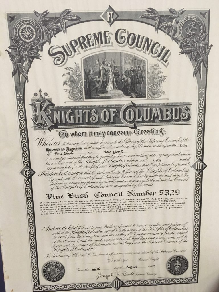 Knights of Columbus Charter for the Pine Bush Council # 5239 from August 9, 1962