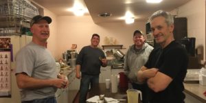 Brother Knights (l to r) Bernie Henke, John Lenihan, Dave Nicosia, and DGK Joe Ditizio manned the kitchen to prep the soup for hand off to the front.
