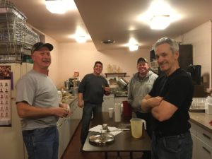 Brother Knights (l to r) Bernie Henke, John Lenihan, Dave Nicosia, and DGK Joe Ditizio manned the kitchen to prep the soup for hand off to the front.