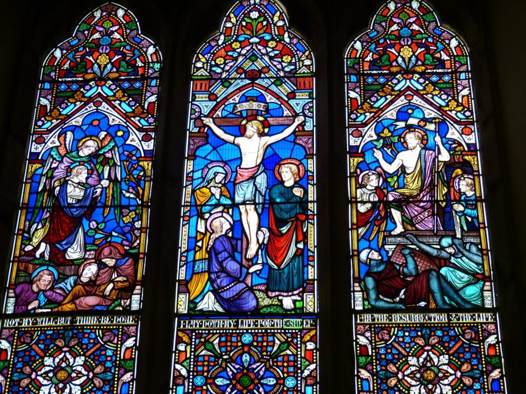 The Crucifixion in stained glass.